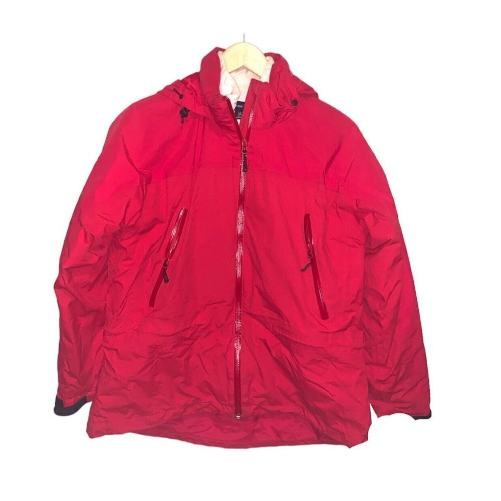 Lands End Aquacheck Red Hooded White Lined Full Zip Outdoor Jacket Size Medium